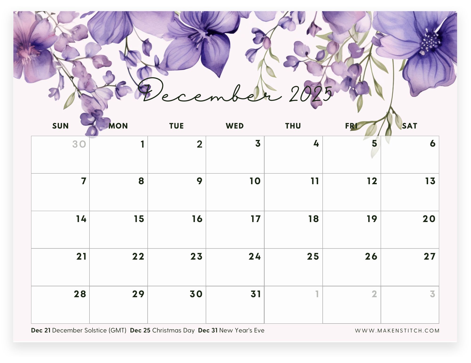 December calendar with purple floral watercolor design and holiday dates marked